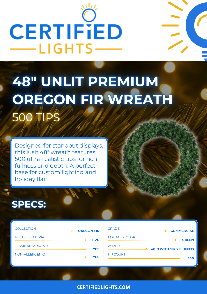 48-inch unlit premium Oregon Fir wreath with 500 lush tips, perfect for holiday and winter decor.