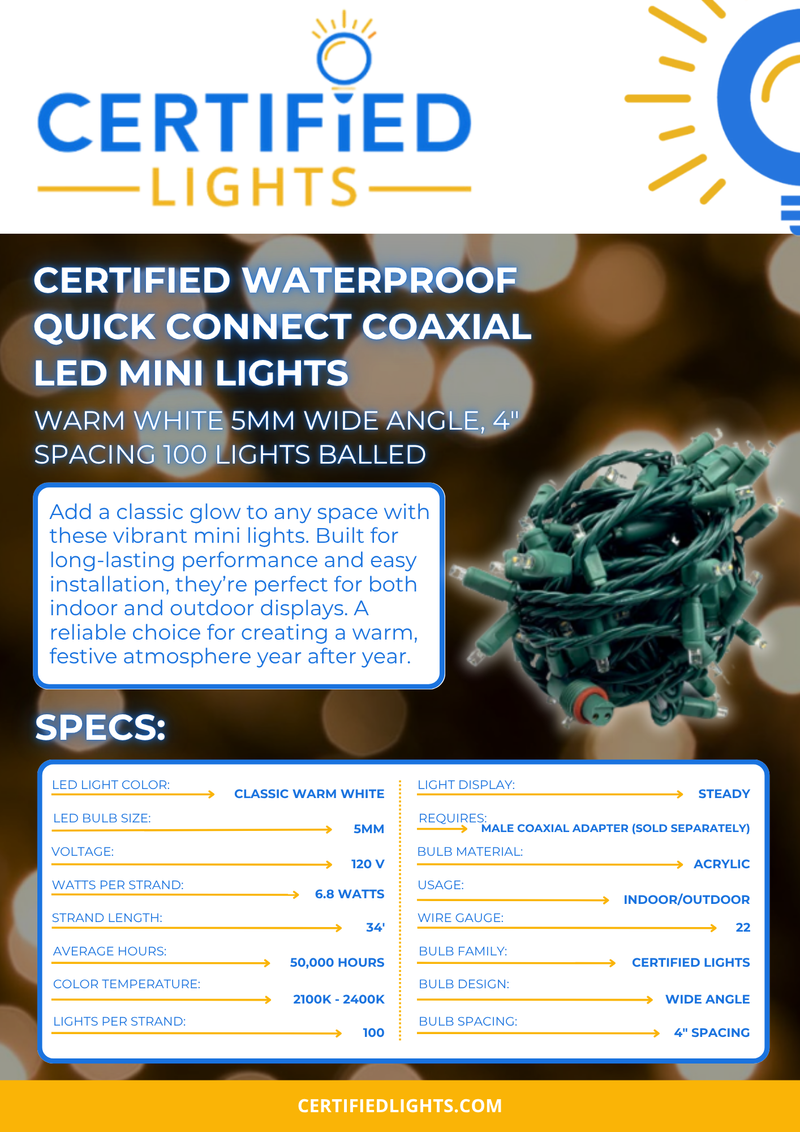 100L Certified Waterproof Quick Connect Coaxial LED Mini Lights - 5mm Wide Angle, 4" Spacing