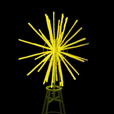 Large illuminated warm white starburst tree topper with LED tubes, designed for use on commercial tower Christmas trees