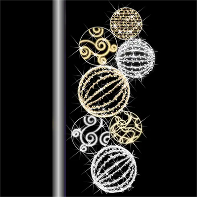 A set of oversized, pre-lit LED ornaments designed to be mounted on a pole, featuring intricate geometric patterns within each spherical frame, with lights glowing brightly.