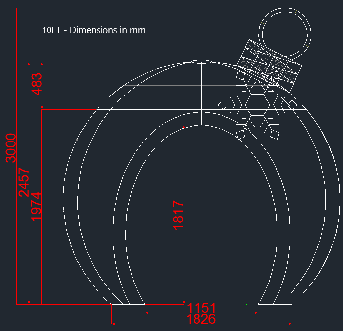 10FT holiday ornament display schematic with labeled width, height, and arch dimensions