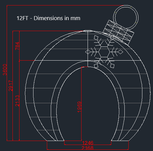 12FT holiday ornament display schematic with labeled width, height, and arch dimensions
