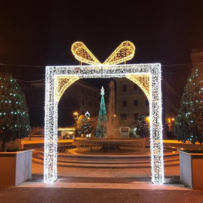 Picture of Certified Lights' Large outdoor Christmas Decorations. This is a giant walk-through Christmas Gift box decoration for commercial projects.
