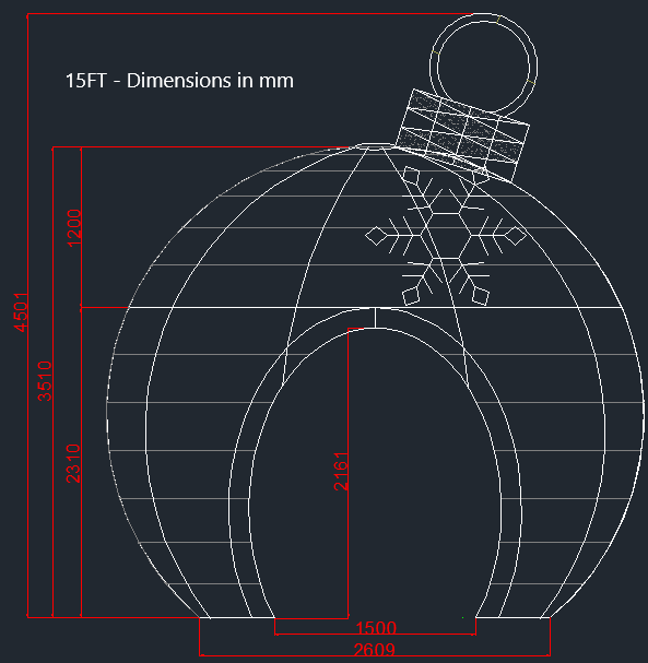 15FT holiday ornament display schematic with labeled width, height, and arch dimensions
