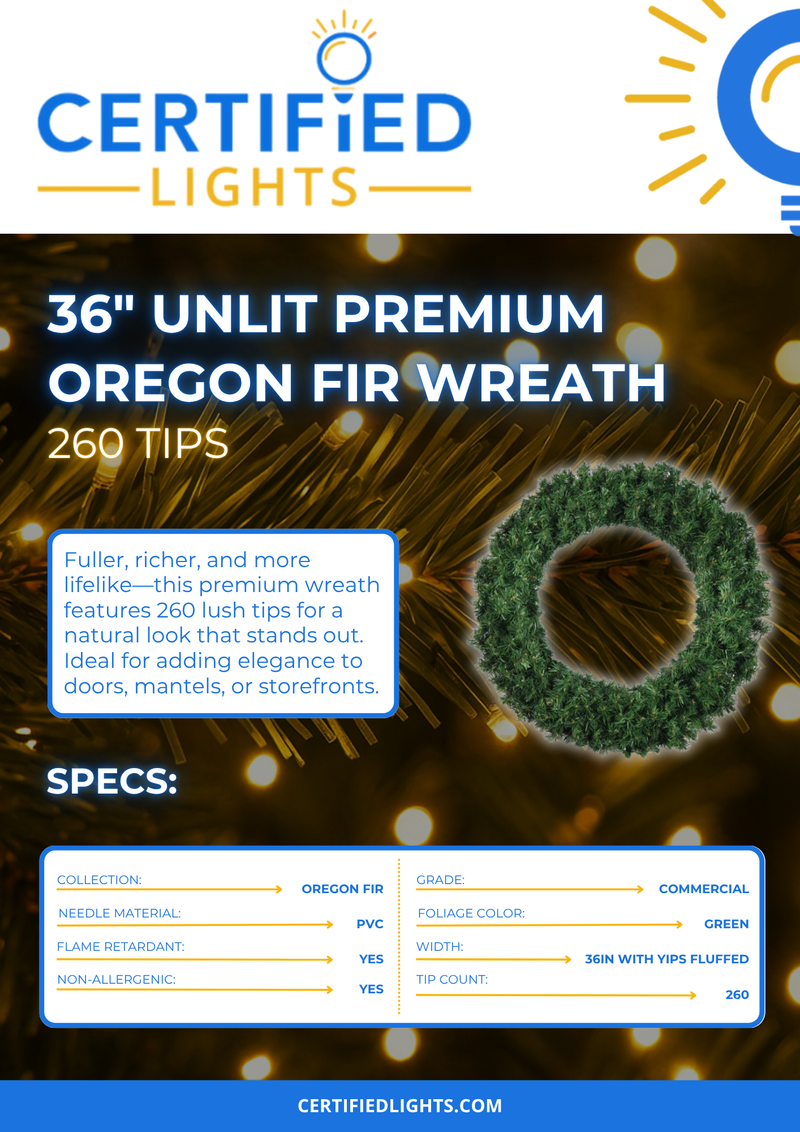 36-inch unlit premium Oregon Fir wreath with 260 lush tips, perfect for holiday and winter decor.
