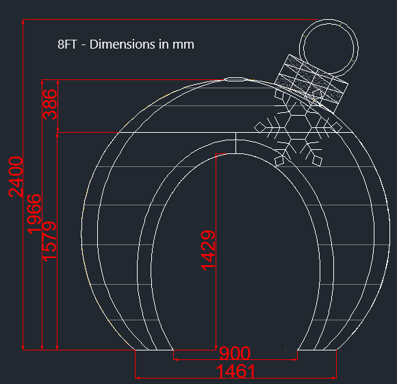 8FT holiday ornament display schematic with labeled width, height, and arch dimensions