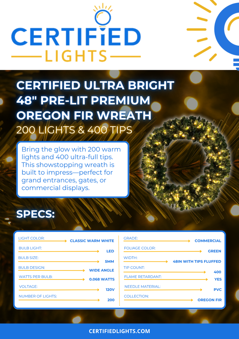 Certified Lights ultra bright 48-inch pre-lit Oregon Fir wreath with 200 LED lights and 400 lush tips, perfect for holiday decor.