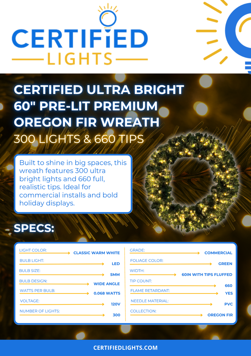 Certified Lights ultra bright 60-inch pre-lit Oregon Fir wreath with 300 LED lights and 660 lush tips, perfect for holiday decor.