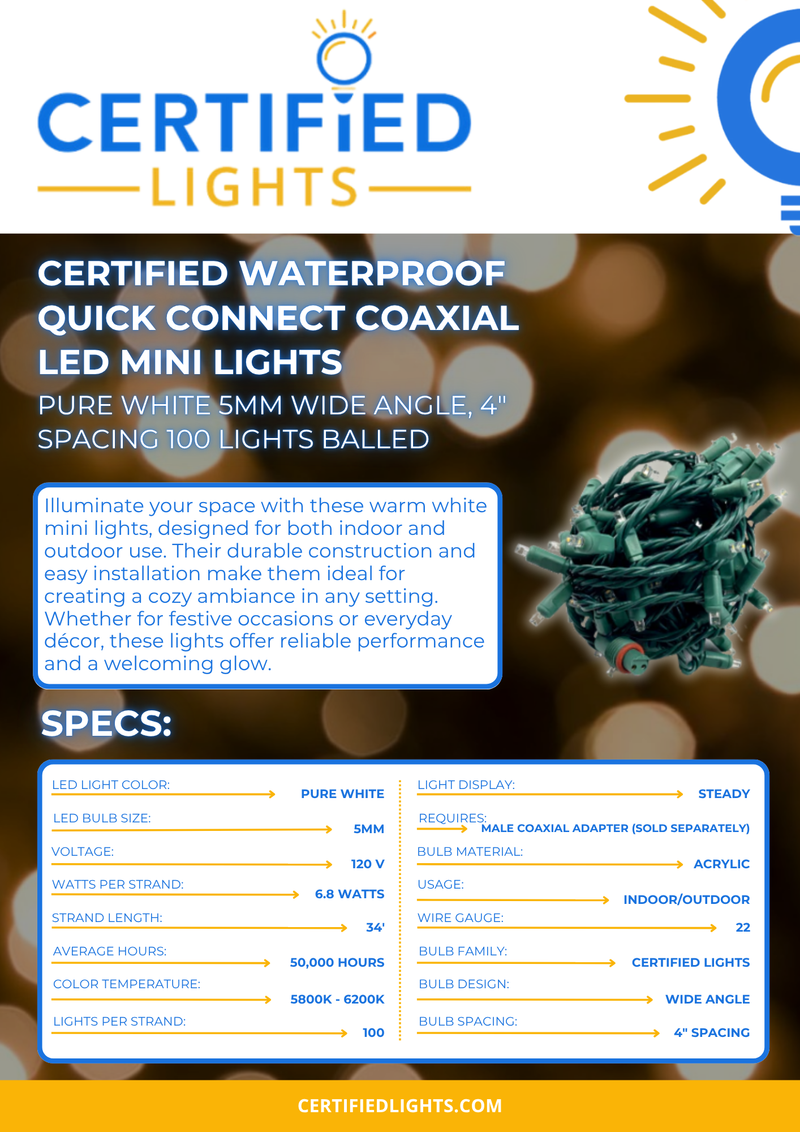 Certified Waterproof Quick Connect Coaxial LED Mini Lights - Pure White 5mm, 4" Spacing 100 Lights Balled