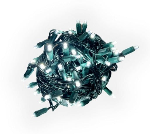100-count pure white LED mini light strand with 5MM wide angle bulbs, 4-inch spacing, and coaxial quick-connect ends on green wire for commercial holiday installations