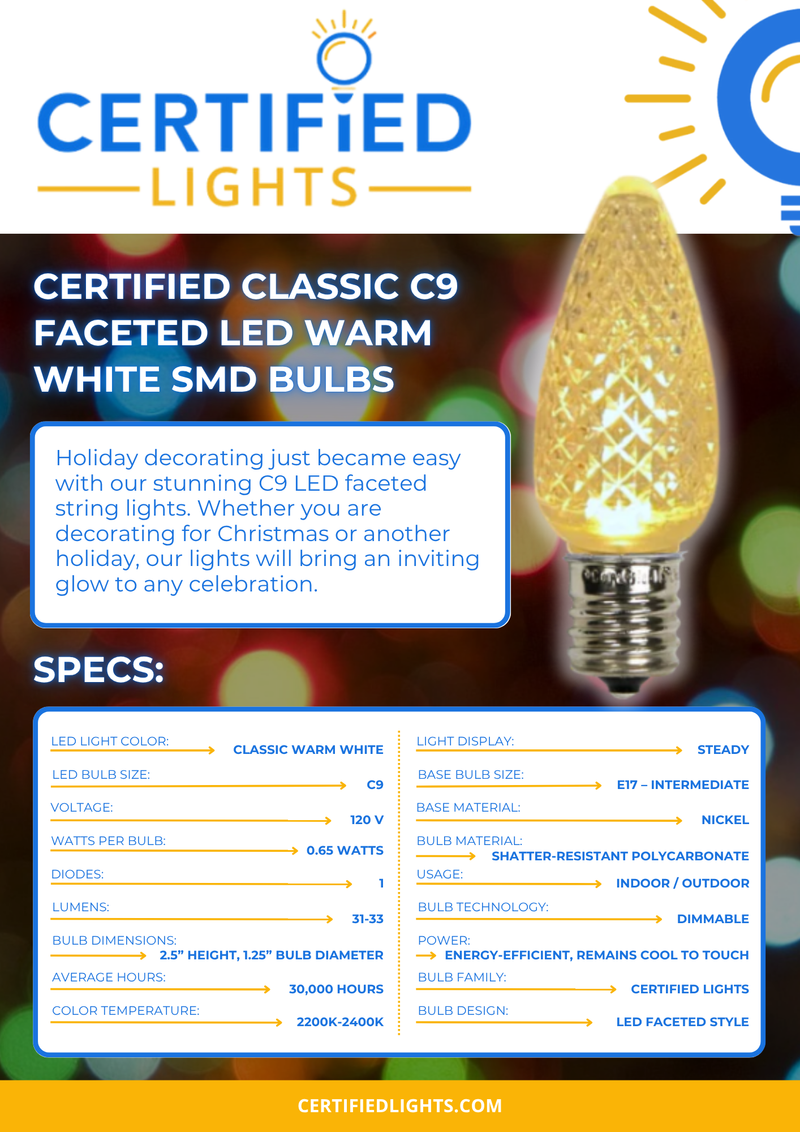 Product spec sheet for Certified Lights C9 faceted classic warm white LED SMD bulb showing dimensions, wattage, lifespan, and usage for indoor and outdoor holiday lighting