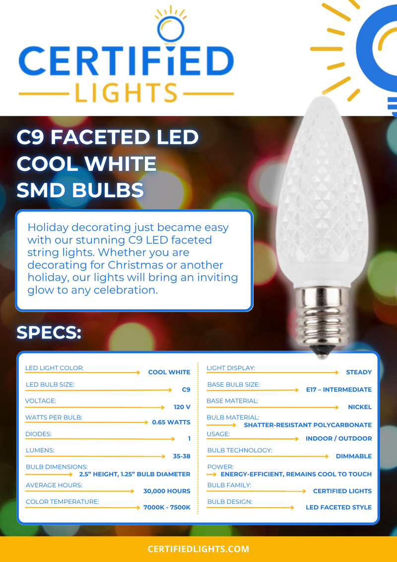 Product spec sheet for Certified Lights C9 faceted cool white LED SMD bulb showing dimensions, wattage, lifespan, and usage for indoor and outdoor holiday lighting