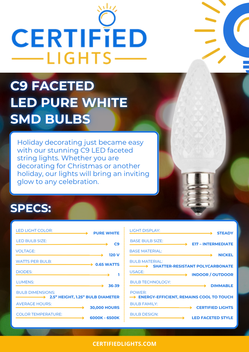 Product spec sheet for Certified Lights C9 faceted pure white LED SMD bulb showing dimensions, wattage, lifespan, and usage for indoor and outdoor holiday lighting