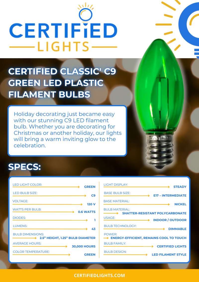 Spec sheet for Certified Lights C9 green LED plastic filament bulb with energy-efficient design, indoor and outdoor use, and 30,000 hour lifespan