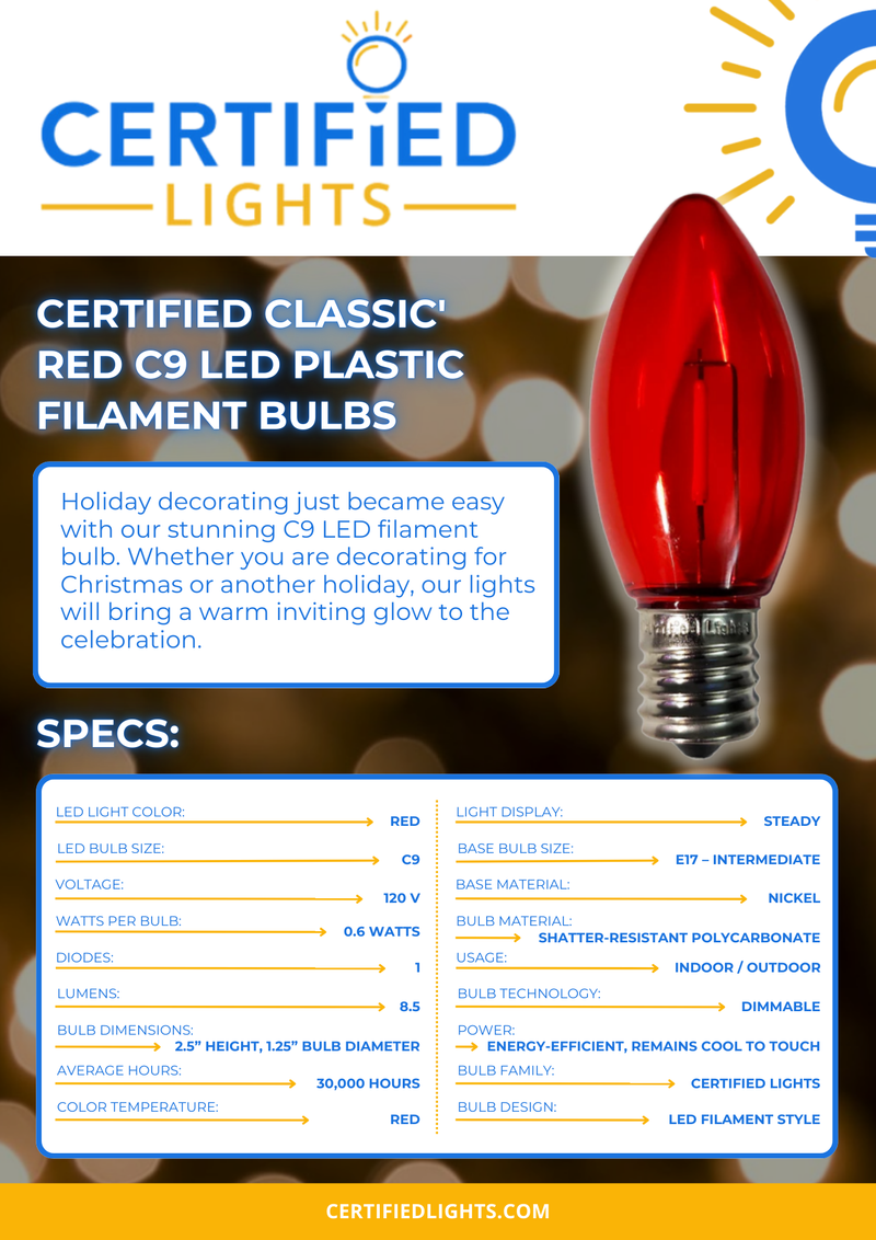 Spec sheet for Certified Lights C9 red LED plastic filament bulb with energy-efficient design, indoor/outdoor use, and 30,000 hour lifespan