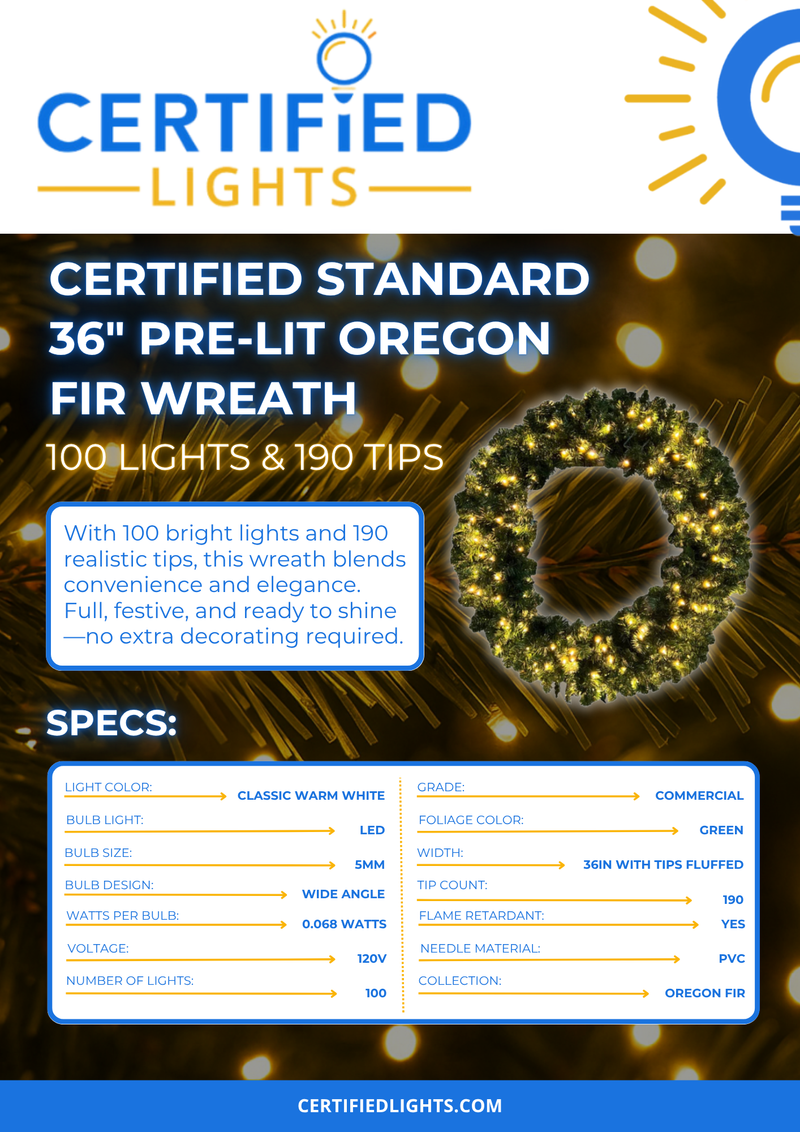 Certified Lights 36-inch pre-lit Oregon Fir wreath with 100 classic warm white LED lights and 190 lush tips.