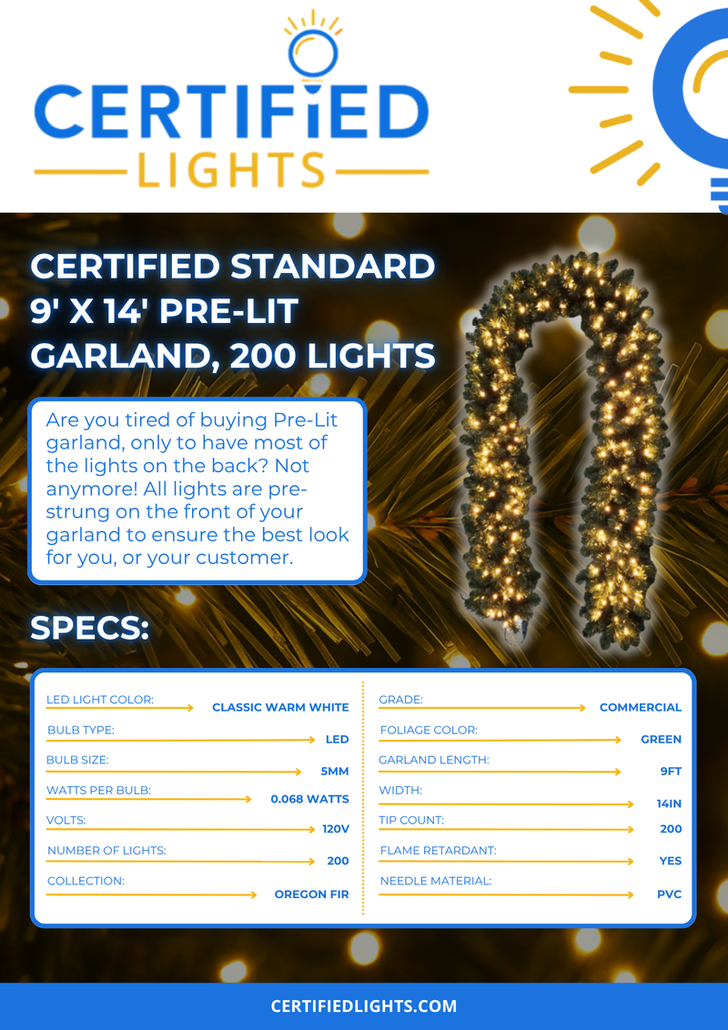 Certified Lights 9-foot pre-lit Oregon Fir garland with 200 LED warm white lights and 200 lush tips, perfect for holiday decor.