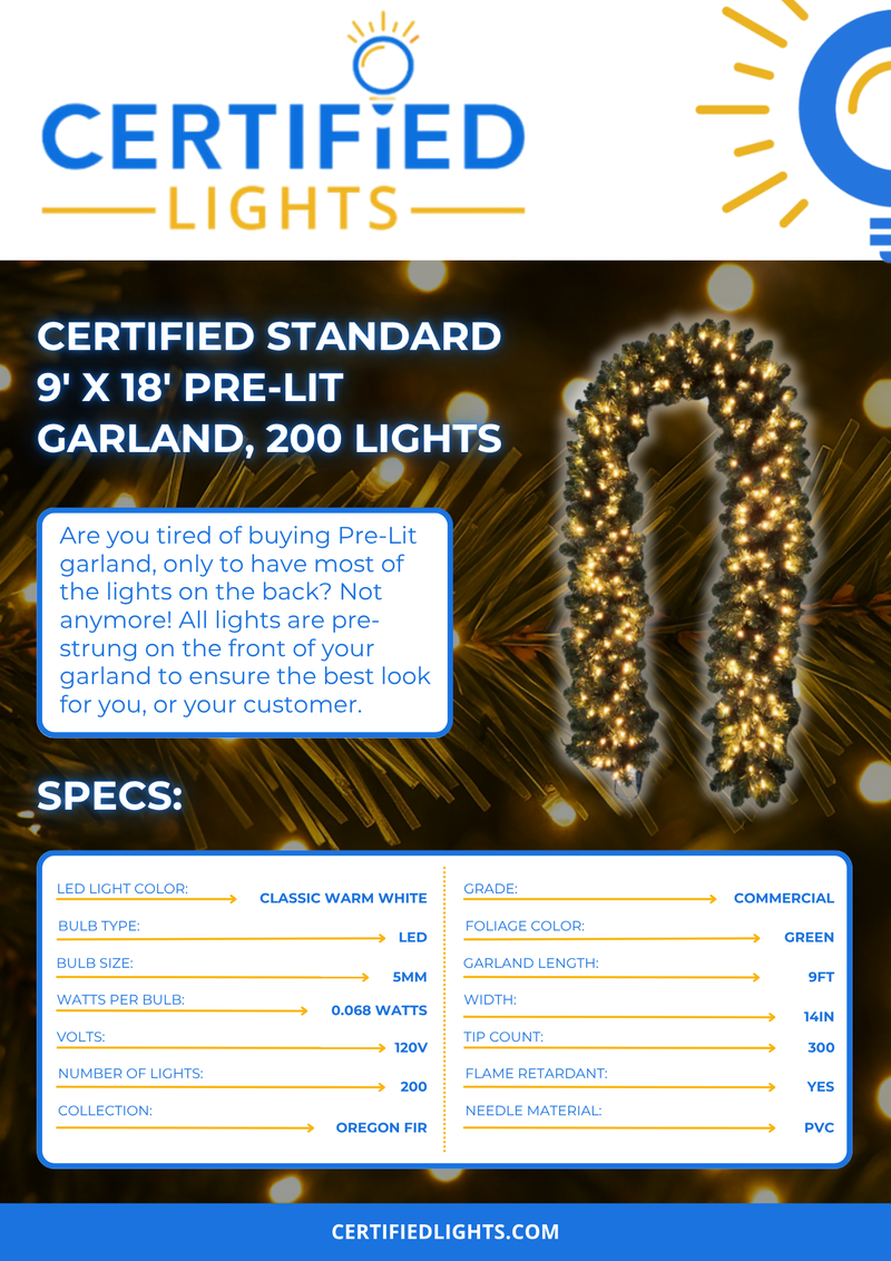 Certified Lights 9-foot pre-lit Oregon Fir garland with 200 LED warm white lights and 200 lush tips, perfect for holiday decor.