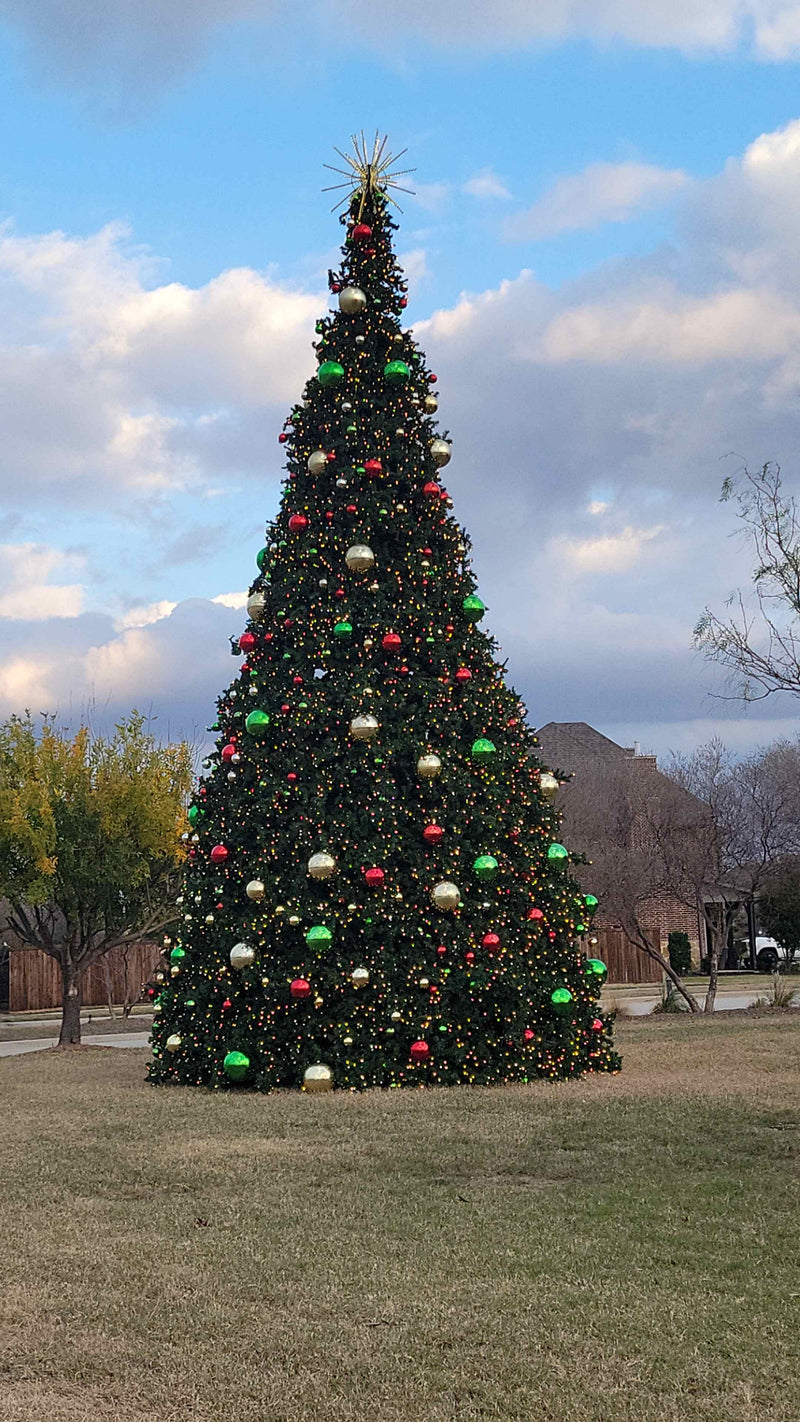Tall outdoor commercial Christmas tree decorated with red, gold, and green ornaments and warm white LED lights in a public park