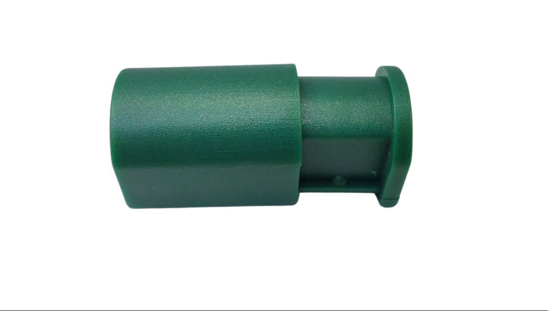 Green cord cap for LED light strand termination – front angle view