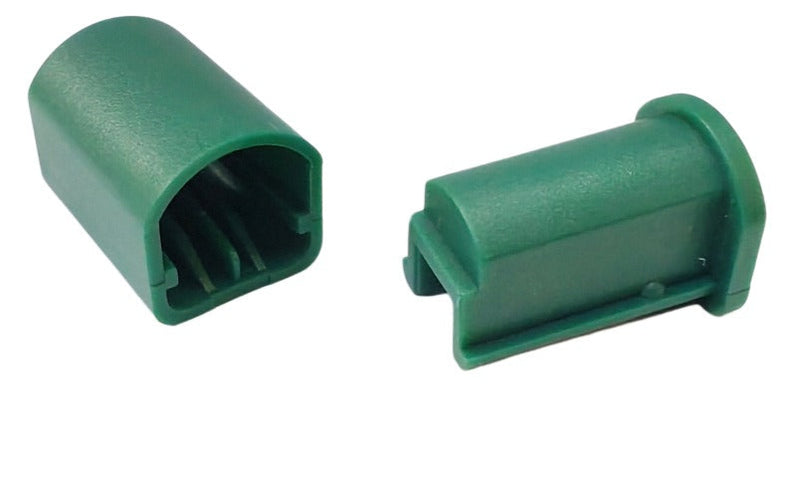 Angled front and back view of green SPT-1 cord caps used for sealing LED Christmas light wires – 100-pack