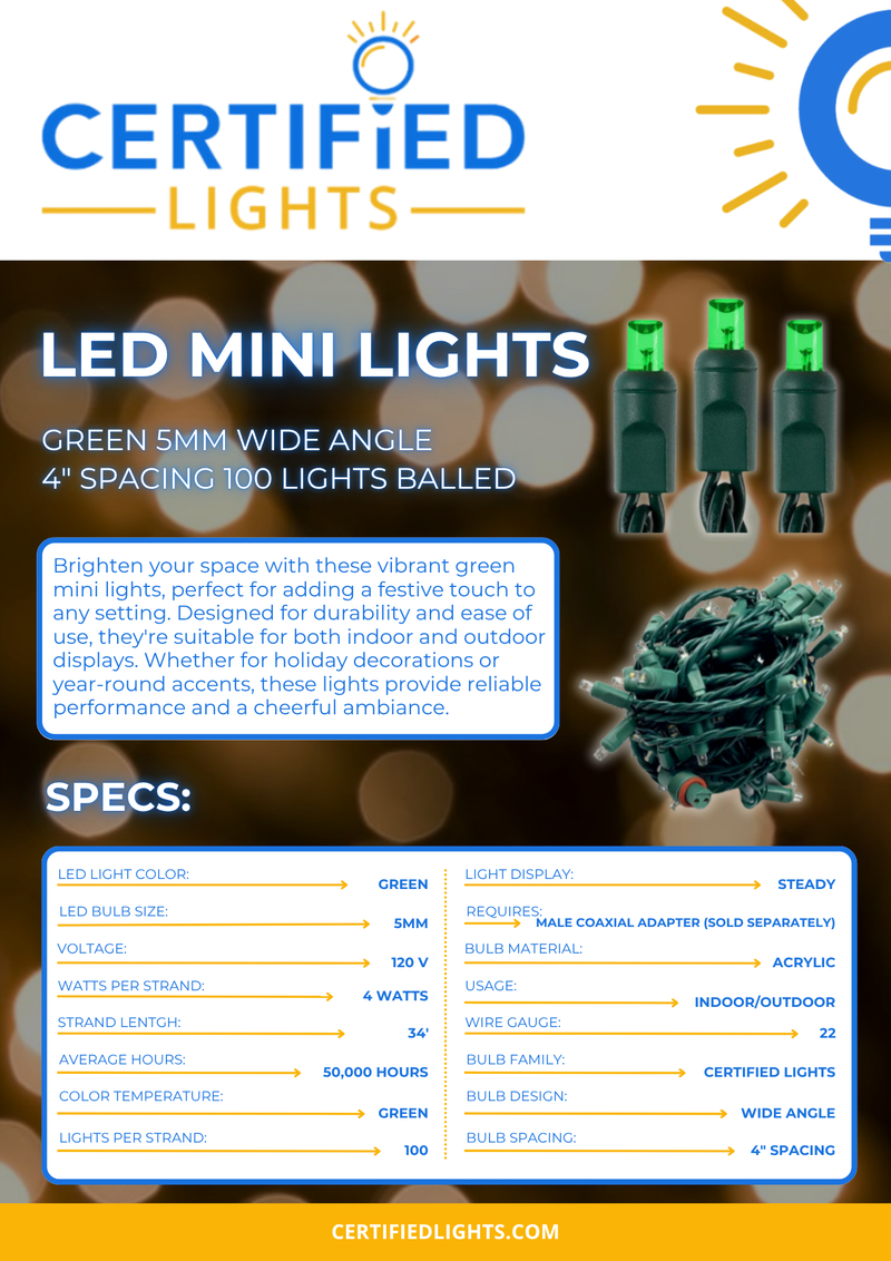 LED Mini Lights - Green 5mm Wide Angle, 4" Spacing 100 Lights Balled