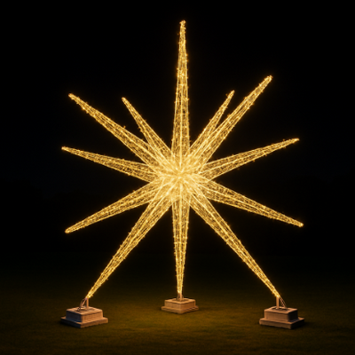 Oversized warm white LED starburst sculpture with multiple radiating arms mounted on ground bases, designed for commercial holiday displays and outdoor installations