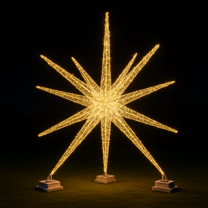 Oversized warm white LED starburst sculpture with multiple radiating arms mounted on ground bases, designed for commercial holiday displays and outdoor installations