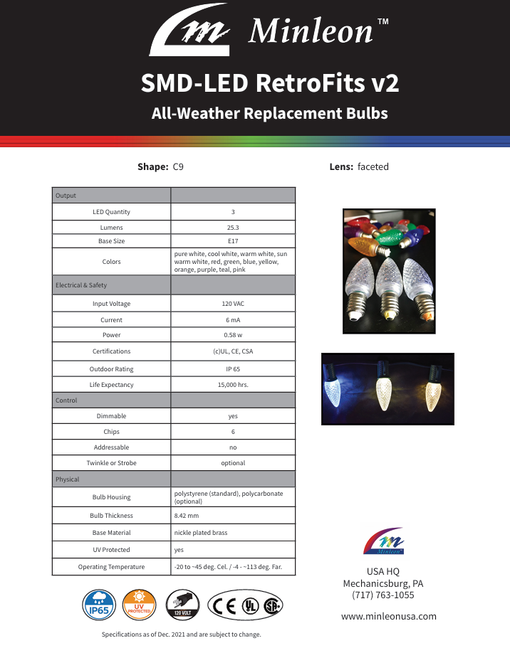 Spec sheet for Minleon C9 V2 SMD LED retrofit bulbs showing electrical specs, color options, dimming, and outdoor rating