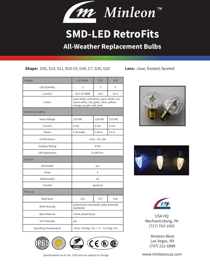 Technical specifications sheet for Minleon SMD-LED RetroFit bulbs including wattage, voltage, base types, colors, and certifications