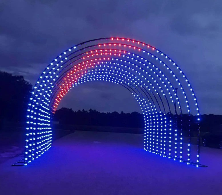 RGB Walk-Through Tunnel Shown in Patriotic Color Display with Red, White, and Blue Pixel Lights for Holiday or Event Lighting Installations