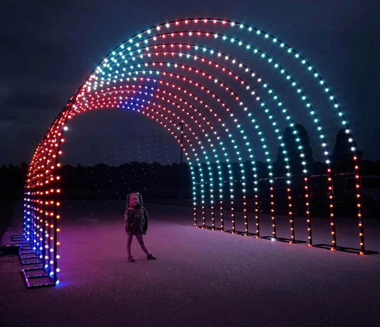 RGB Walk-Through Tunnel Display Featuring Programmable Lights Forming a Multi-Color Archway for Walk-Through Light Shows