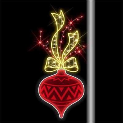 Illustration of a pre-lit LED ornament with a fluted design, featuring a red ornament and warm white LED lights, intended for pole mounting as part of holiday decorations.