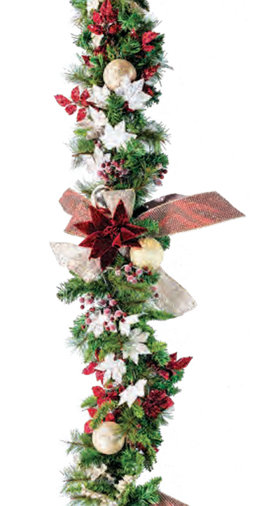 Heavenly Bordeaux Christmas garland with red poinsettias, white flowers, gold ornaments, and mesh ribbon