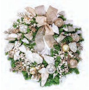 Elegant holiday wreath featuring gold baubles, frosted greenery, and shimmering ribbon