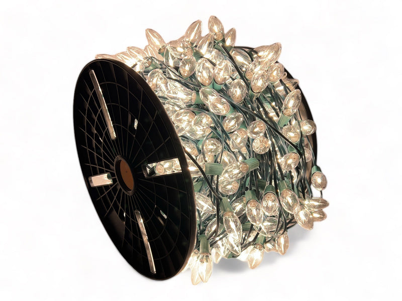 C9 Bulbed Sockets: 500’ 15” Spacing C9 Spool with Pre-Bulbed Certified Classic LED Warm White Filaments, SPT-1 Green Wire