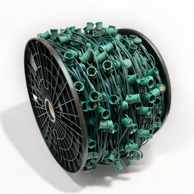 C9 Sockets with Magnets: 1000’ 15” Spacing C9 Spool with Pre-Attached Magnet Clips, SPT-1 Green Wire