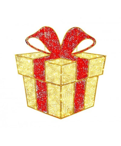A 2D wire frame gift box decoration with LED lights and a red bow on top.