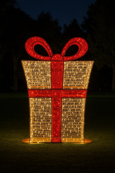 Decorative lighted Christmas present with red trim and golden illumination for seasonal displays