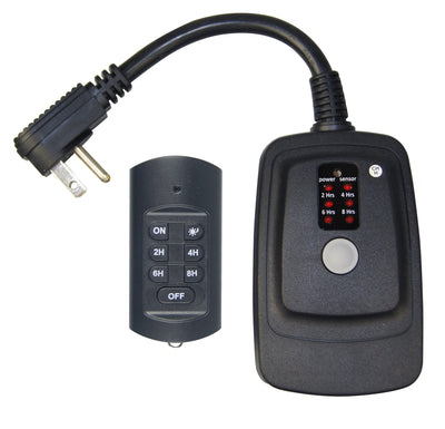 Black outdoor electrical timer with dusk-to-dawn sensor and remote, ideal for holiday lights